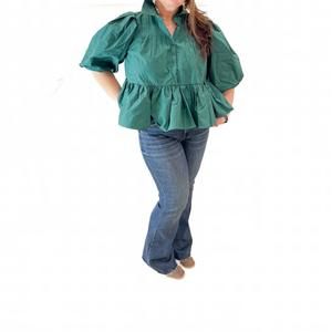 NEW MEET ME IN SANTORINI puff sleeve button front blouse in green gatsby